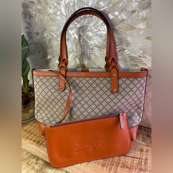 Gucci Handbags - GUCCI Diamante Canvas and Golden Leather Tote with Pouch